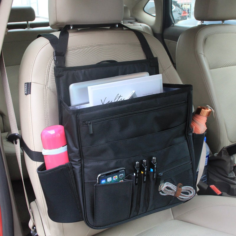 LUXJA Car Front Seat Organizer with Laptop and Tablet Storage Pockets, Car Seat Organizer with Back Adjustable Straps, Black - Image 2